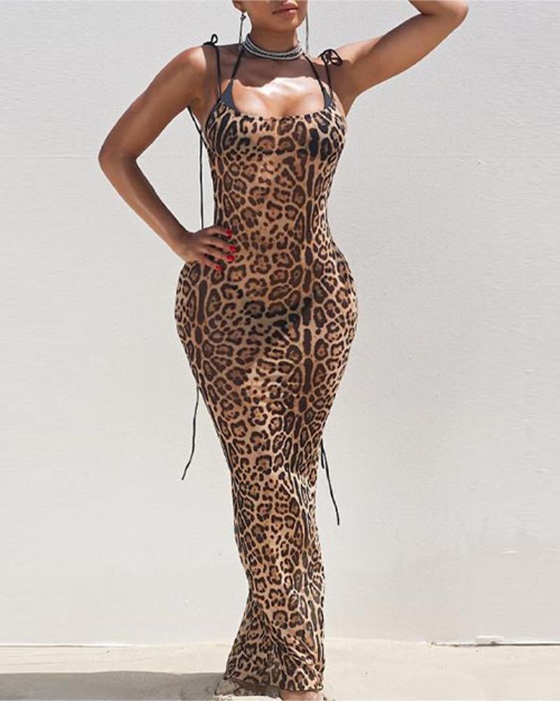 

Leopard Print Backless Mesh Maxi Dress