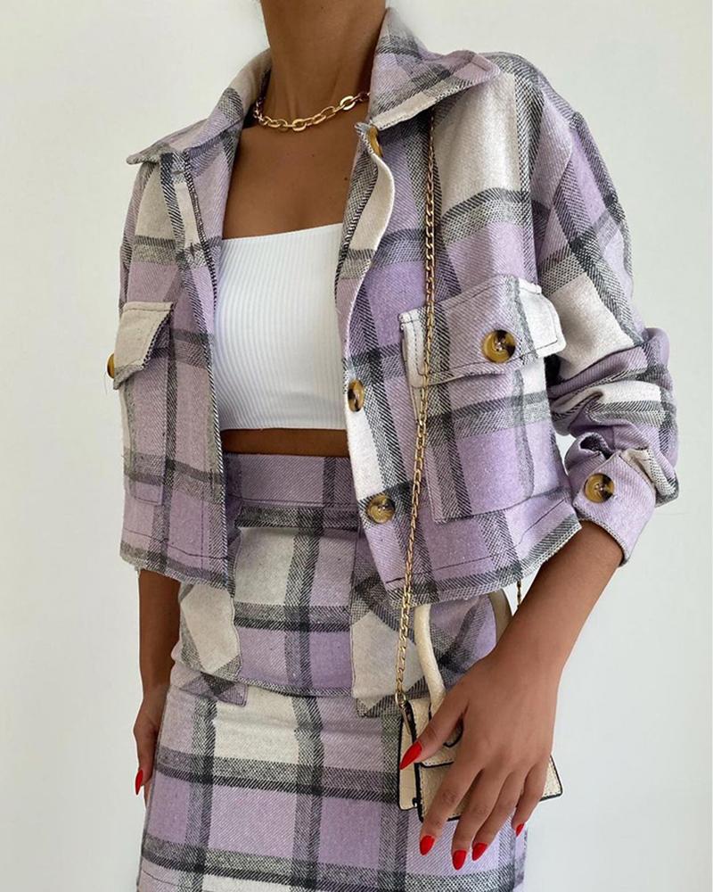 

Plaid Print Pocket Button Design Long Sleeve Shacket, Purple