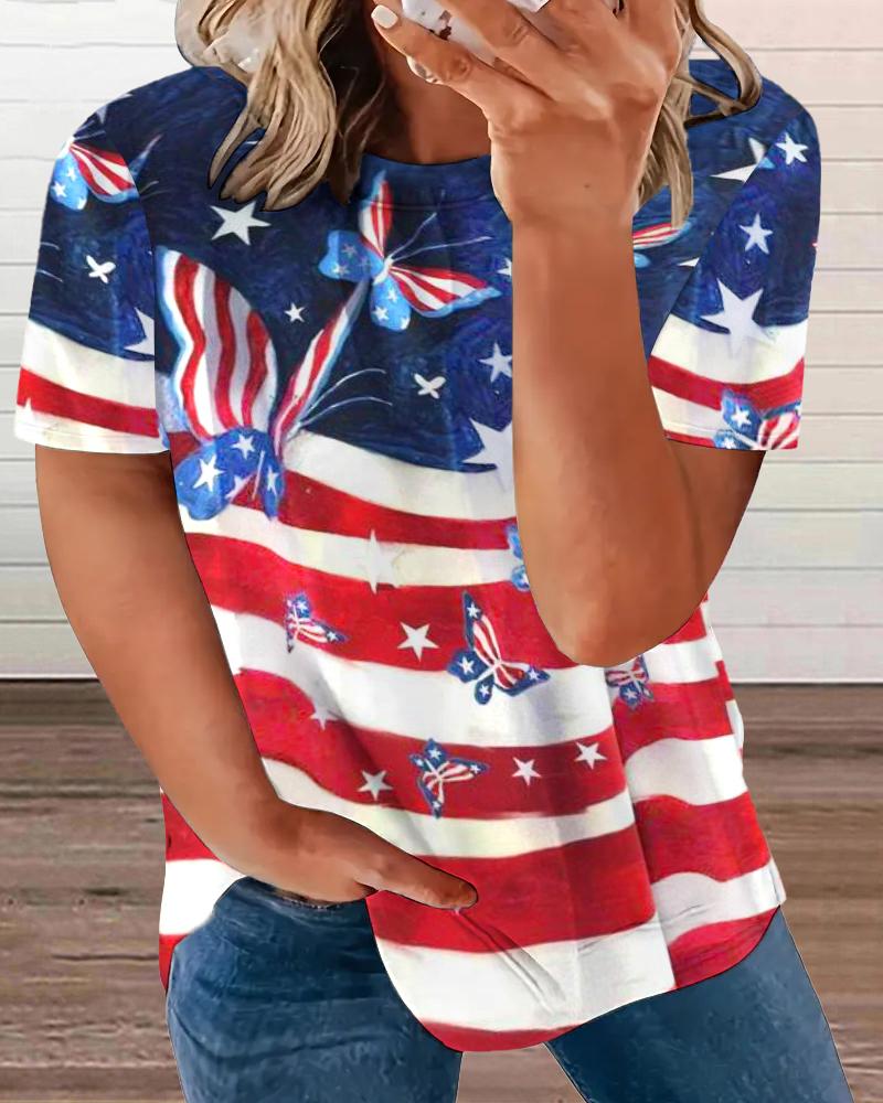 

Plus Size Independence Day Flag Butterfly Print Round Neck T-Shirt, Multicolor