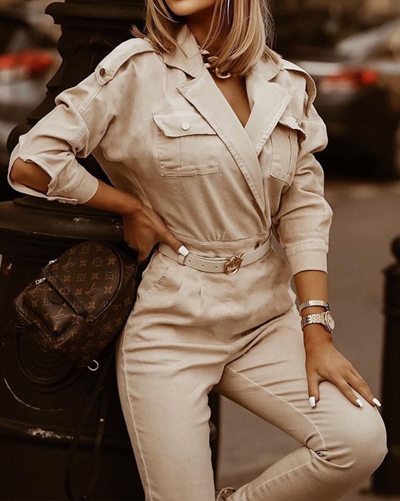 

Long Sleeve Pocket Design Cutout Cargo Jumpsuit, Apricot