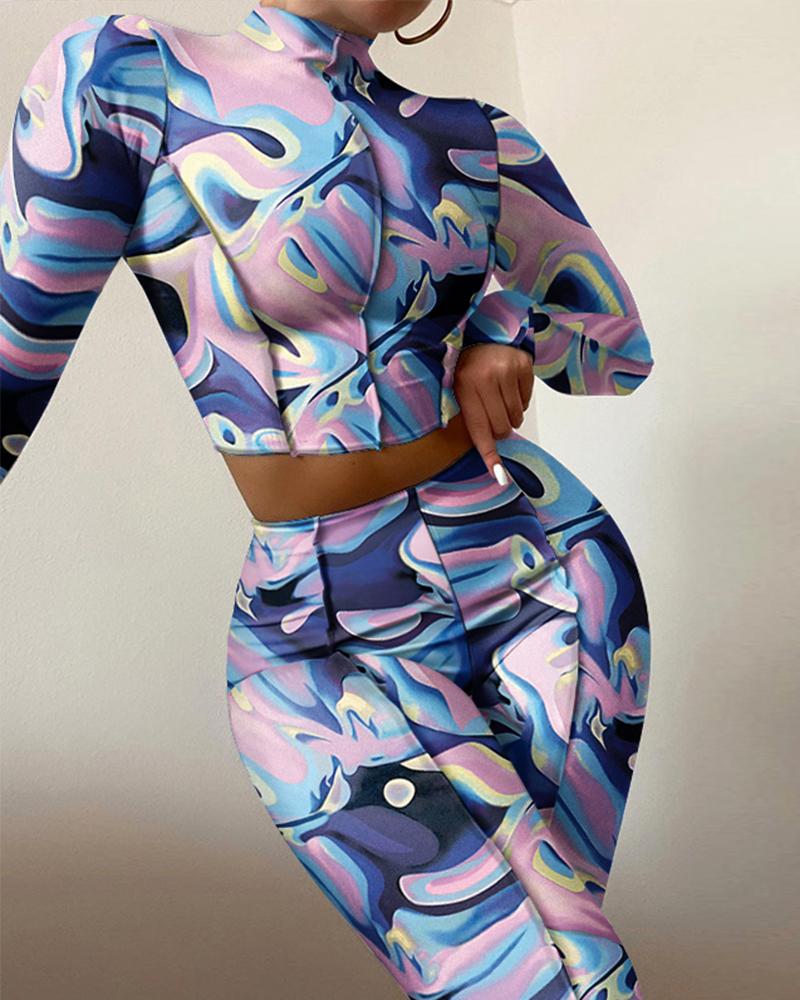 

Abstract Print Long Sleeve Crop Top & High Waist Pants Set, Multicolor