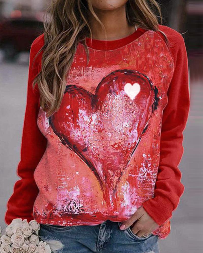 

Valentine' Day Heart Print Long Sleeve Casual Top, Red