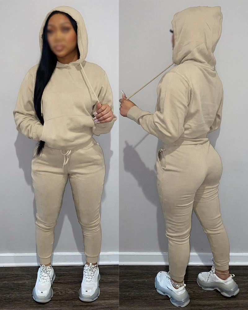 

Long Sleeve Casual Hoodie & Drawstring Pants Set, Khaki