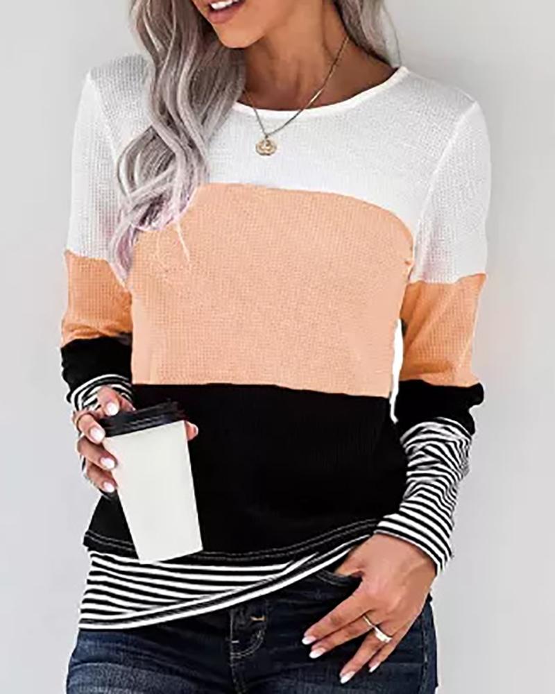 

Striped Print Colorblock Long Sleeve Top, Pink