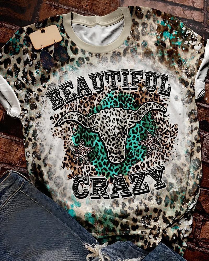 

Beautiful Crazy Leopard Highland Cattle Print Casual T-shirt, Multicolor