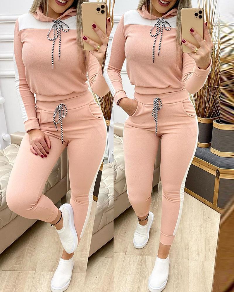 

Colorblock Long Sleeve Hooded Top & Drawstring Pants Set, Pink