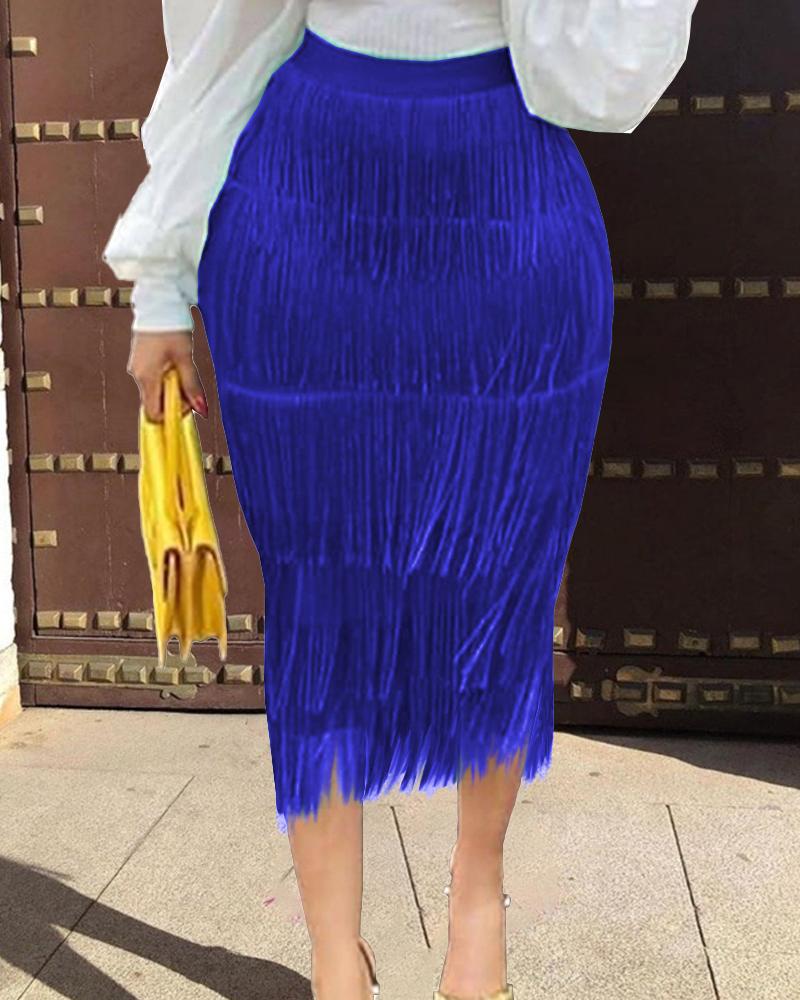 

High Waist Tassel Design Maxi Skirt, Blue