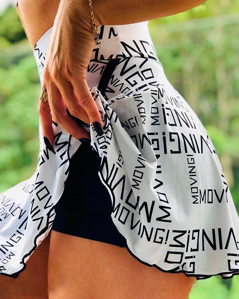 

Letter Print High Waist Frill Hem Skort, White