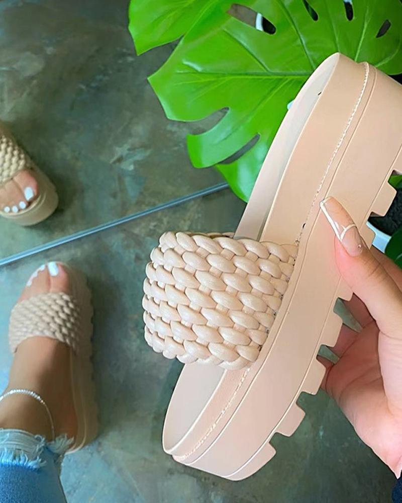 

Solid Woven Upper Platform Slippers, Apricot