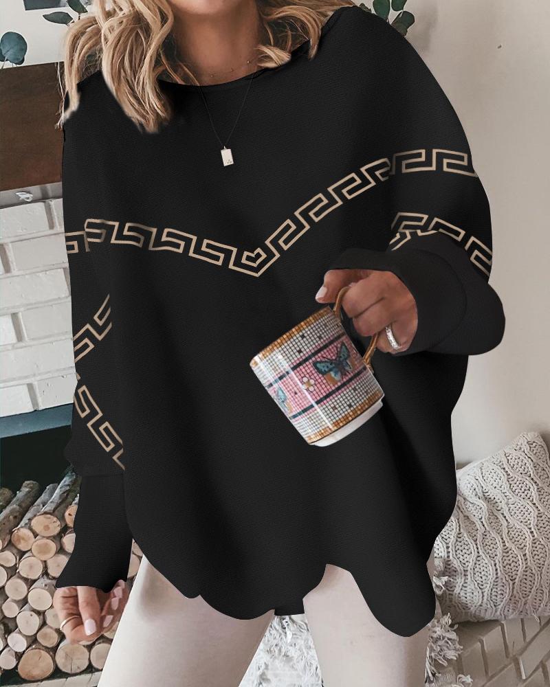 

Geometric Print Long Sleeve Casual Top, Black