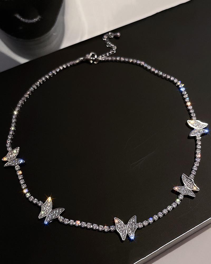 

Rhinestone Butterfly Pattern Choker, Silver