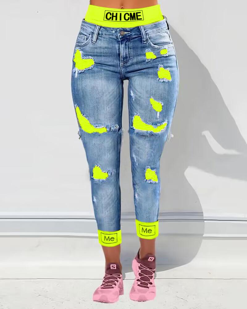 

ChicMe Fake Two-Piece Patchwork Cutout Ripped Jeans, Lvs green