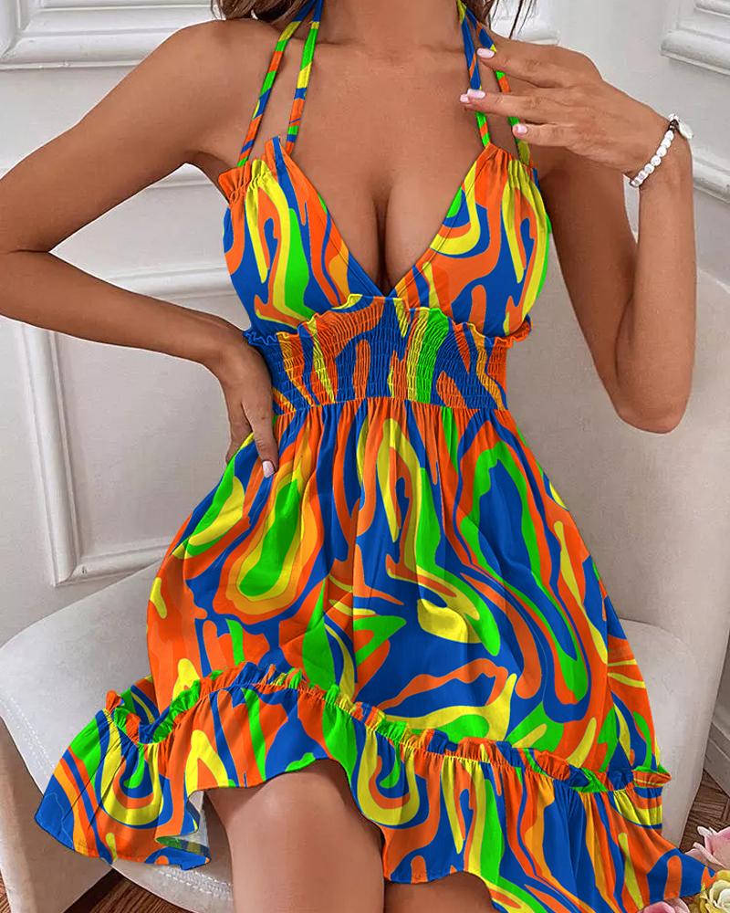 

Multi-Color Abstract Print Shirred Ruffles Halter Casual Dress, Orange