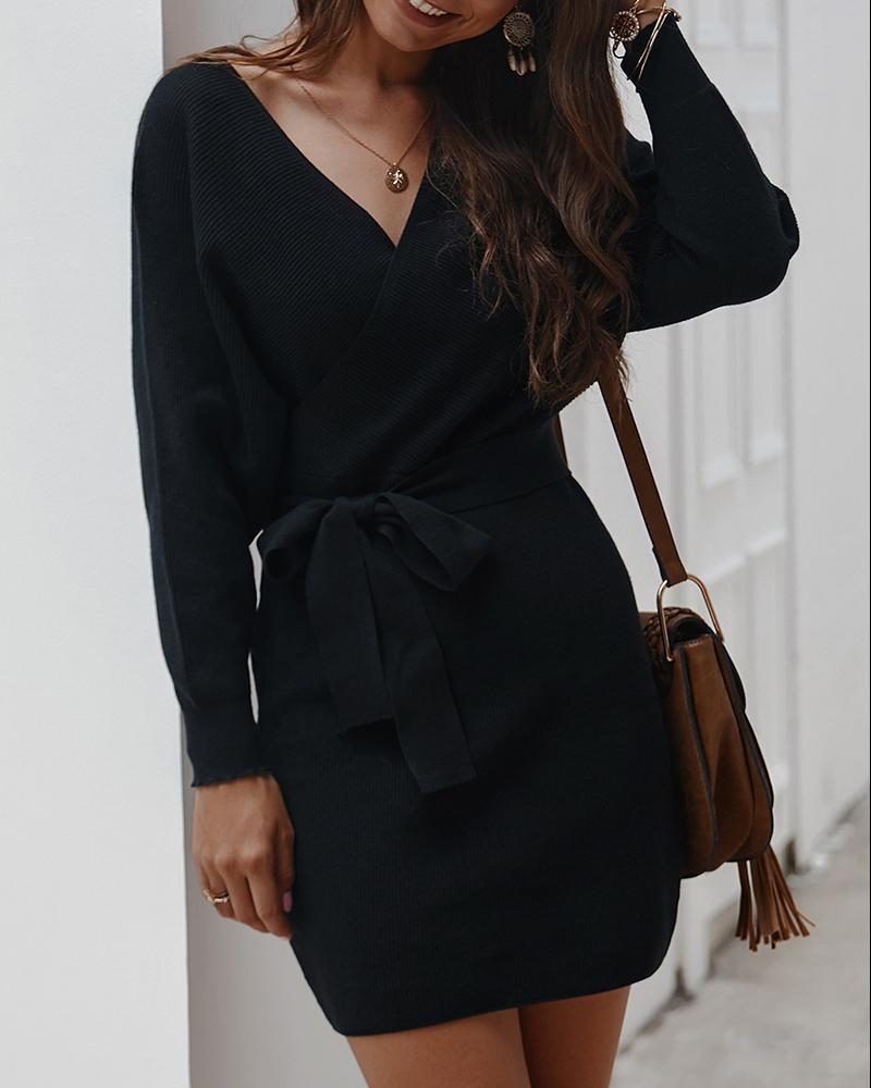 

Knit Long Sleeve V Neck Tied Detail Casual Dress, Black