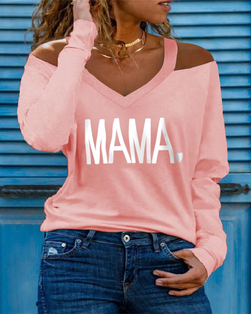 

Mother' Day Gift Cold Shoulder Letter Print Long Sleeve Top, Pink