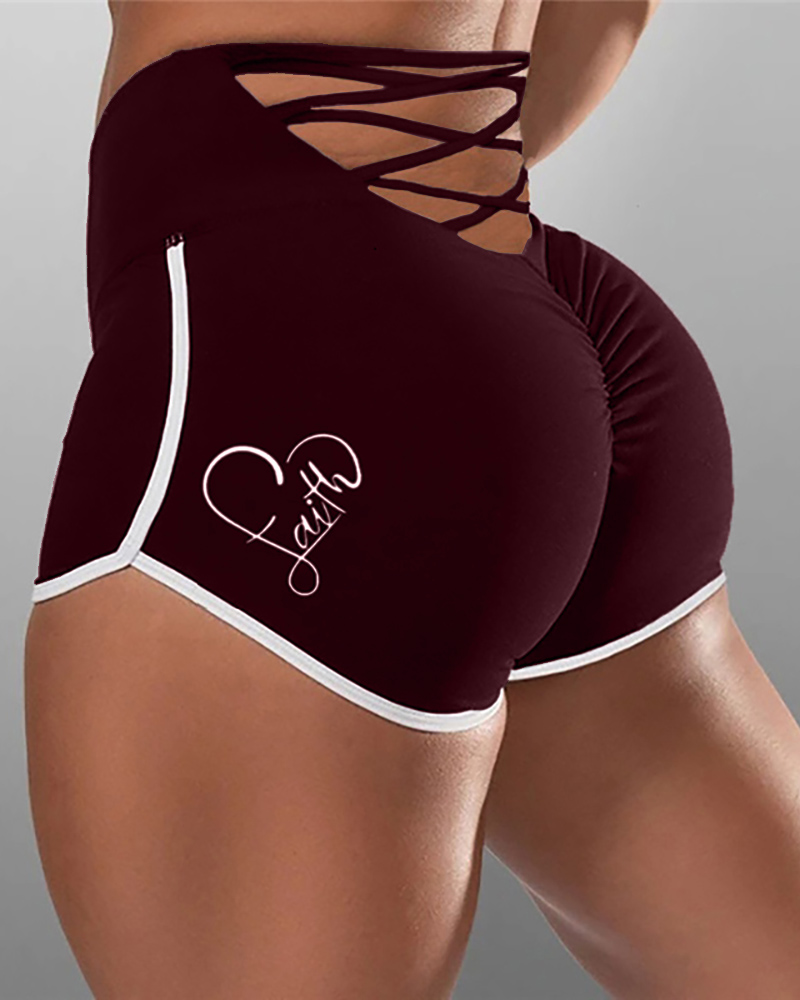 

Letter Heart Print Elasticated Seamless Leggings Scrunch Push Up Yoga Shorts, Wine red