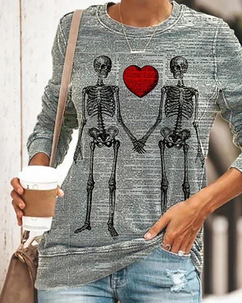 

Halloween Skeleton Heart Print Long Sleeve Top, Gray