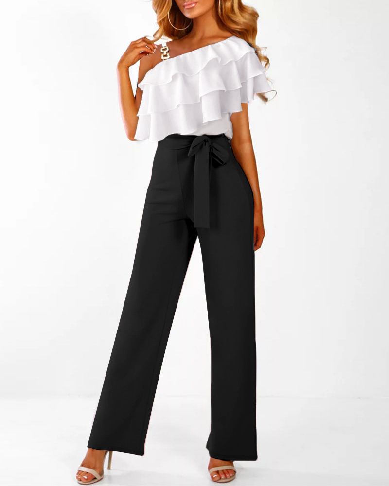 

One Shoulder Ruffle Hem Chiffon Top & Tied Detail Pants Set, Blackwhite