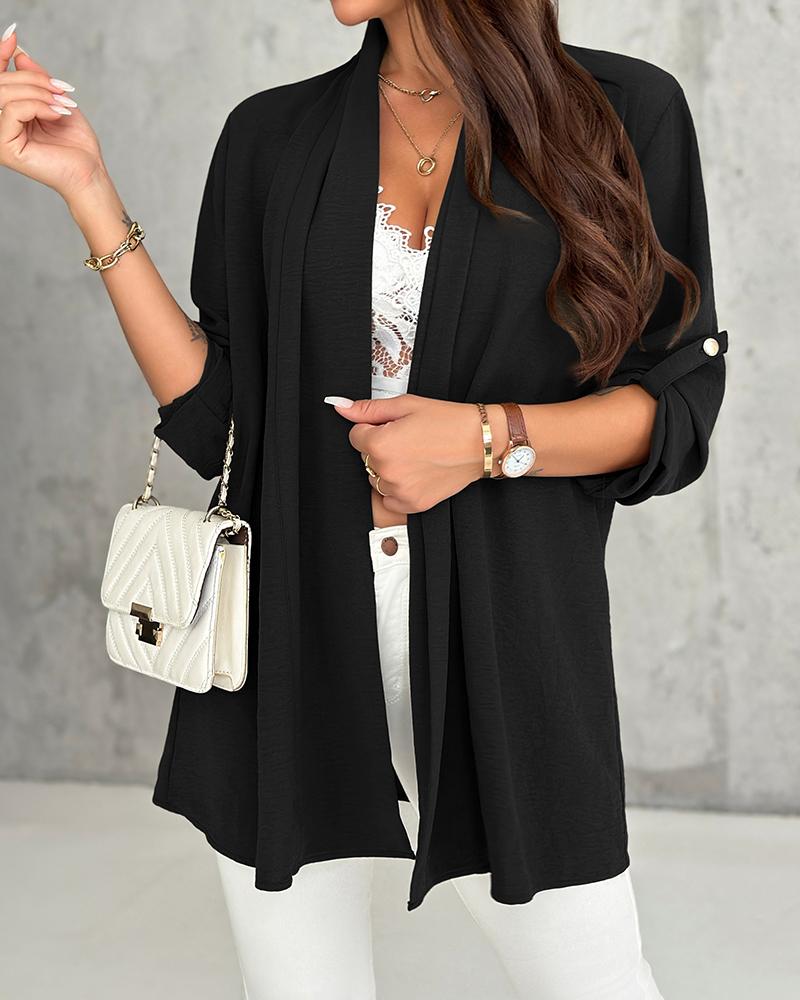 

Roll Up Sleeve Casual Coat Open Front Lightweight Cardigan Top, Black