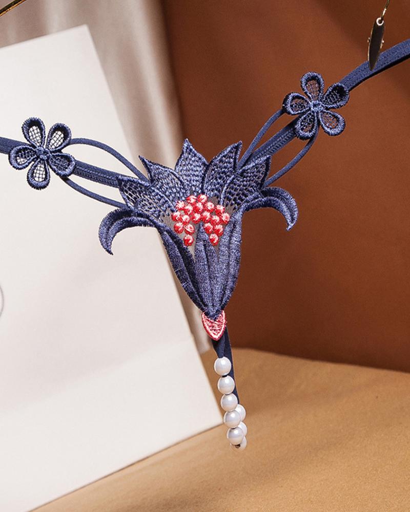 

Sexy Floral Embroidery Splicing Pearl Low Waist Thong Panties, Dark blue