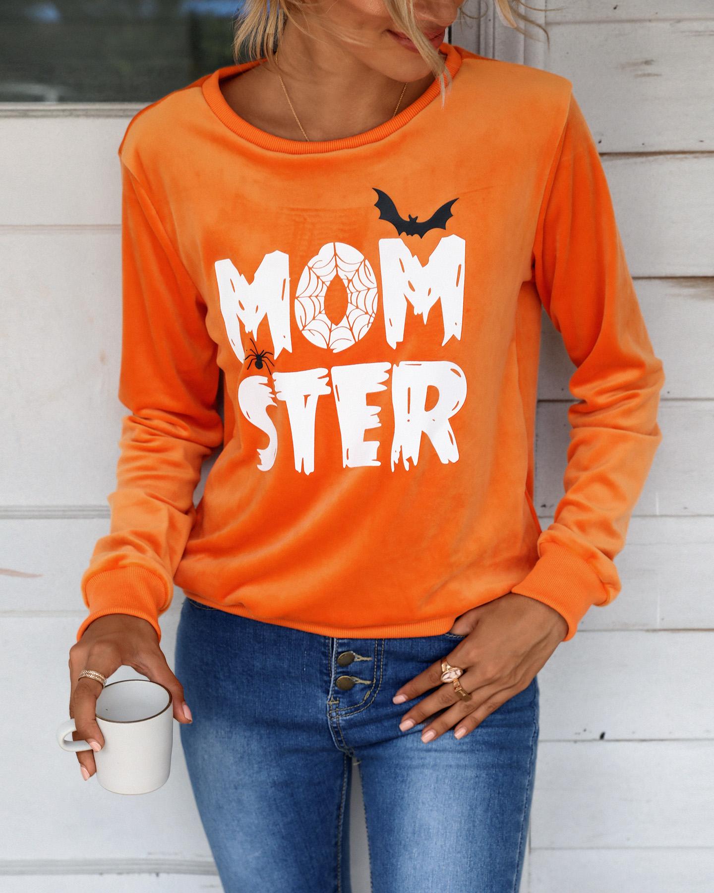 

Halloween Letter Bat Print Long Sleeve Sweatshirt, Orange