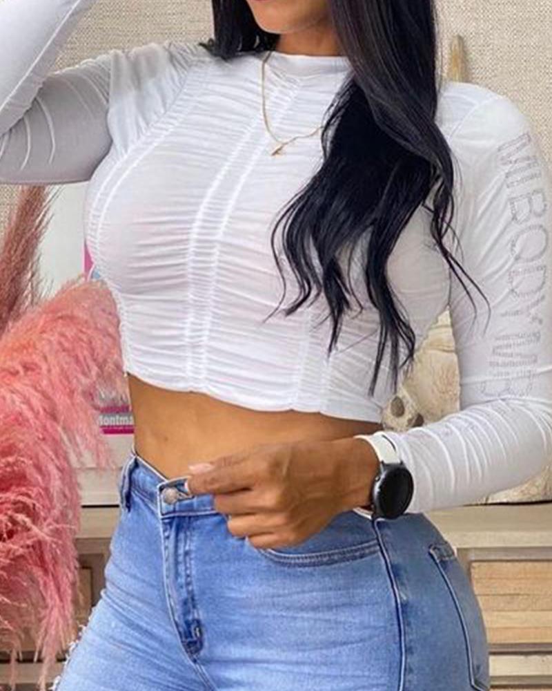 

Rhinestone Decor Criss Cross Lace-up Ruched Crop Top, White