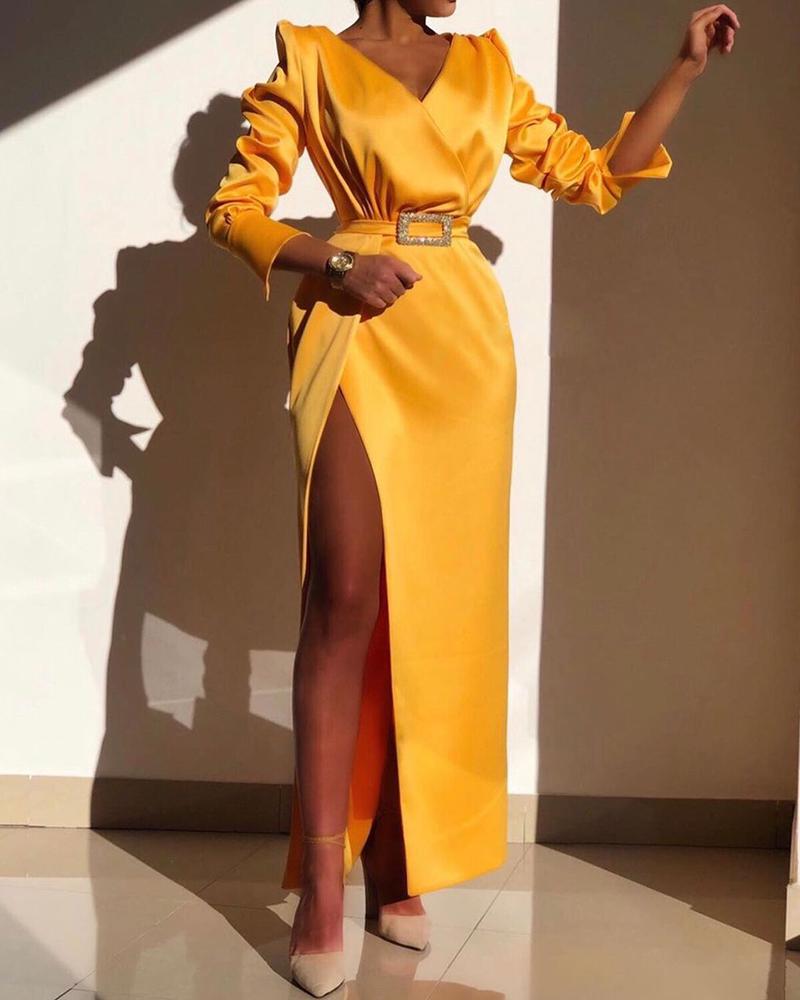 

High Slit Puff Sleeve Party Dress With Belt, Yellow