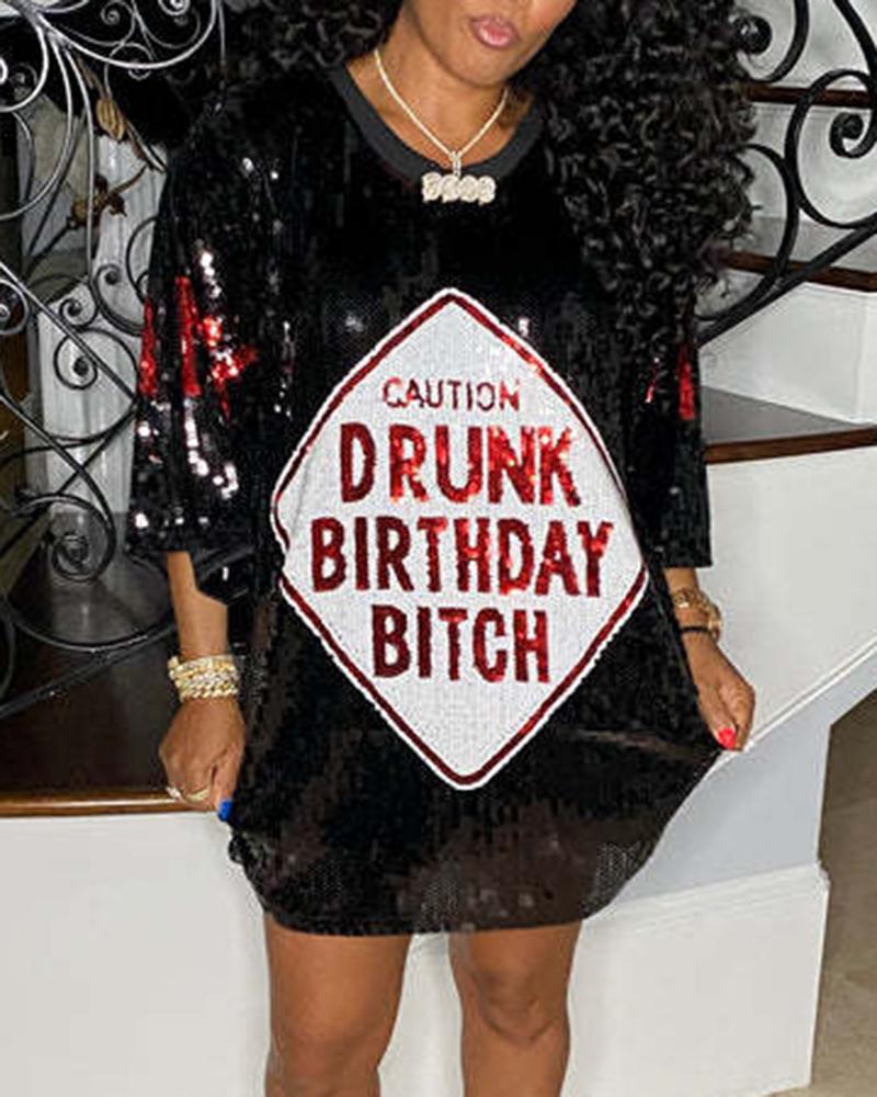 

Graphic Letter Pattern Round Neck Sequin Dress, Black
