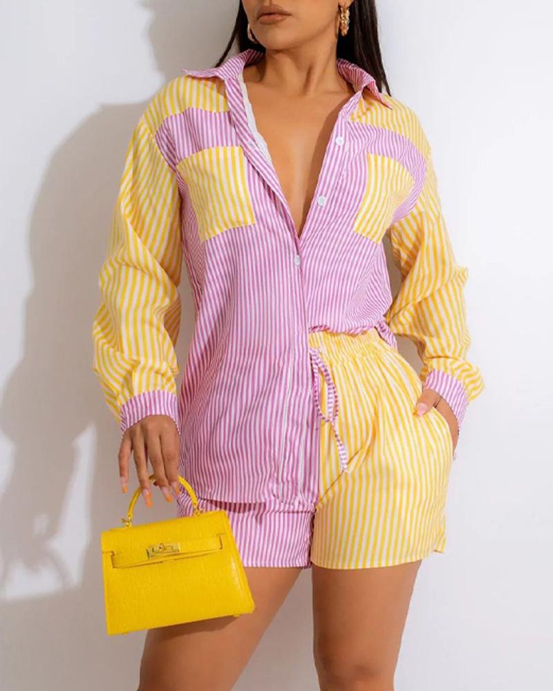 

Colorblock Striped Print Button Down Shirt & Shorts Set, Yellow