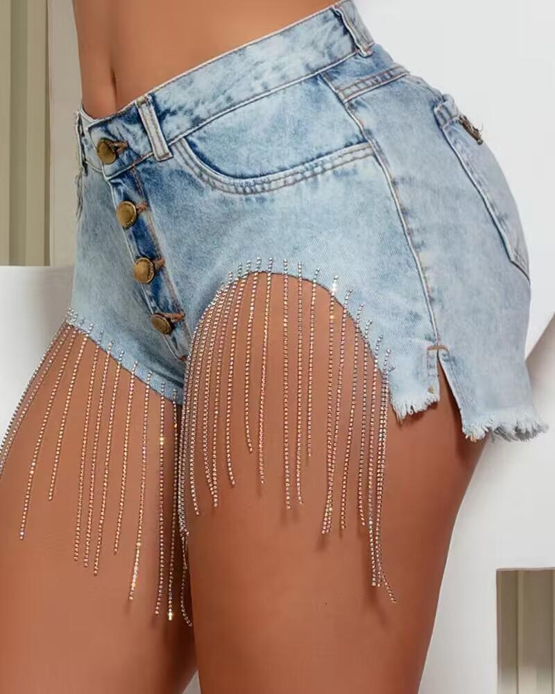 

Tassel Design Button Fly Raw Hem Denim Shorts, Blue