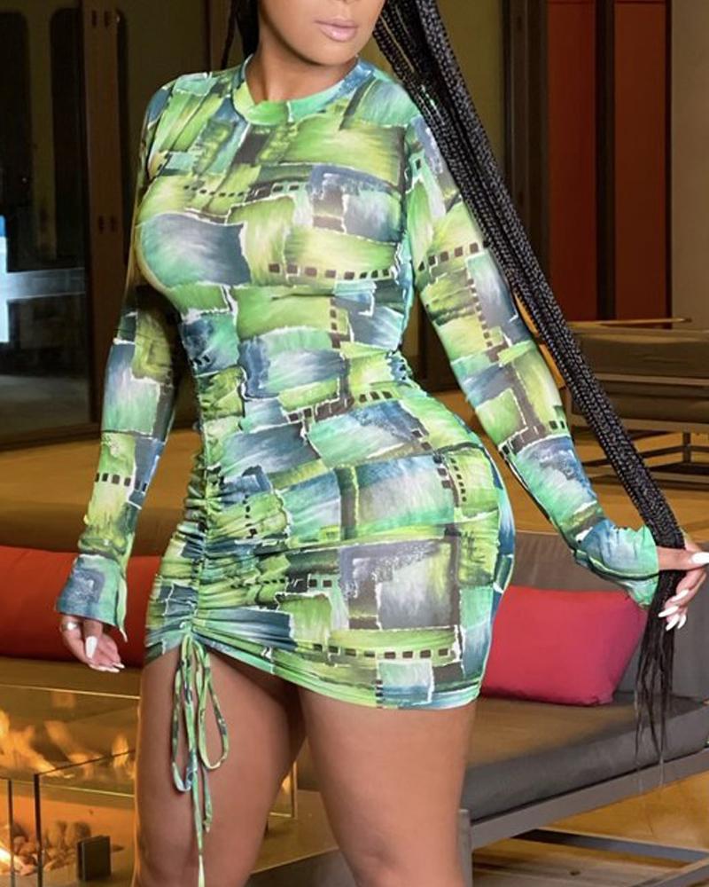 

Abstract Print Long Sleeve Drawstring Ruched Bodycon Dress, Green