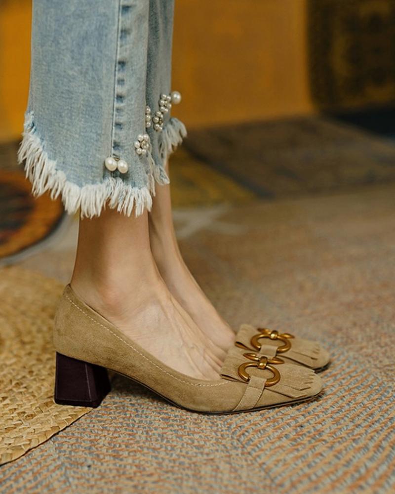 

Suede Horsebit Tassel Design Chunky Heels, Khaki
