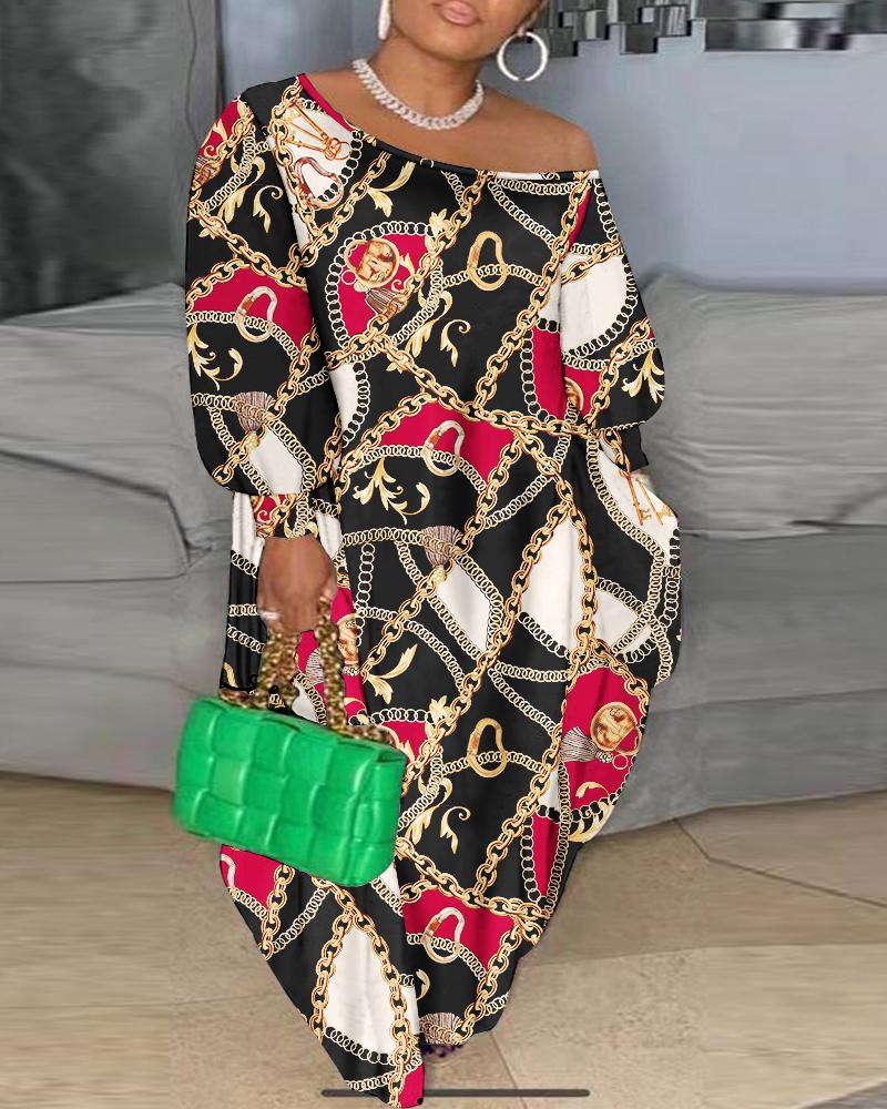 

Plus Size Scarf Chain Print Lantern Sleeve Maxi Dress, Black