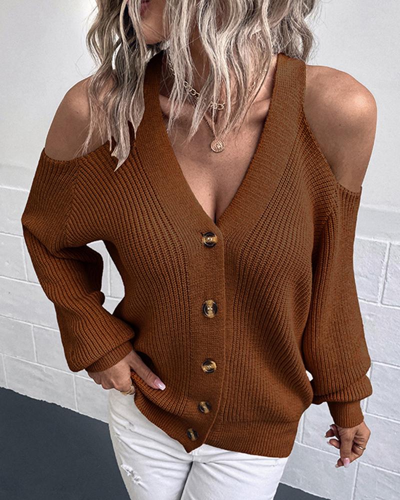 

Button Front Cold Shoulder Cardigan, Brown