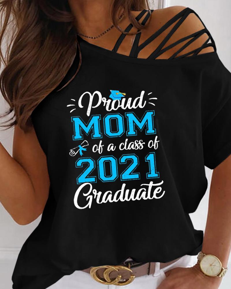 

Mother' Day Cold Shoulder Letter Print Lace-up Top, Black