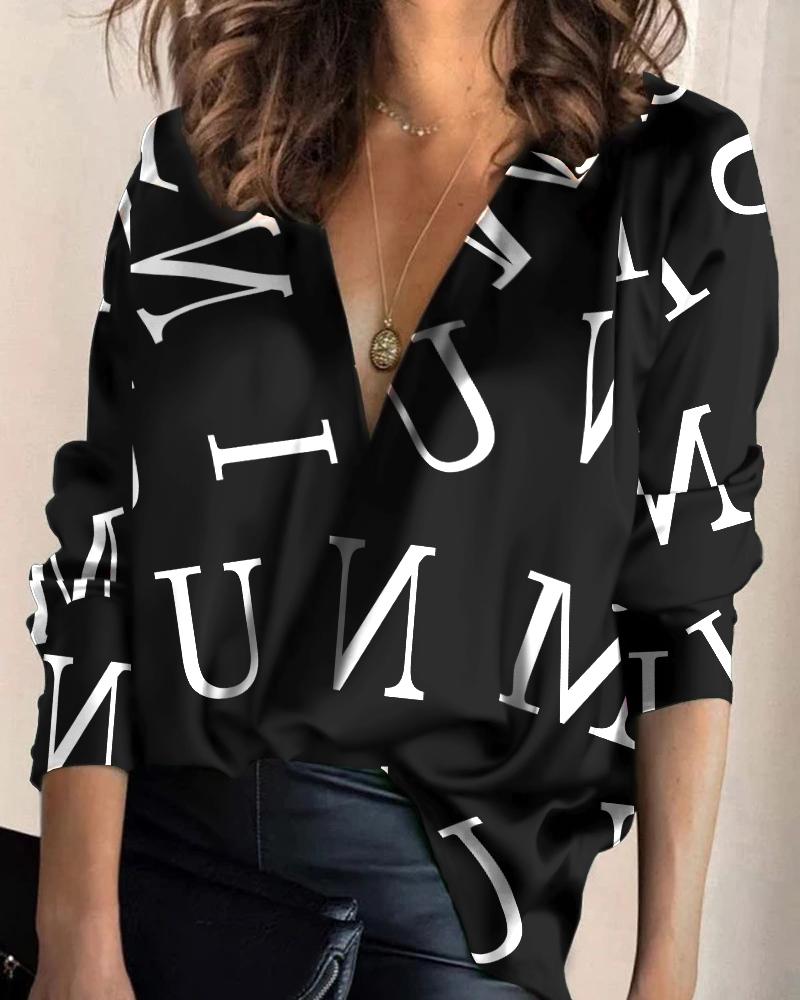 

Letter Print V-Neck Long Sleeve Satin Top, Black