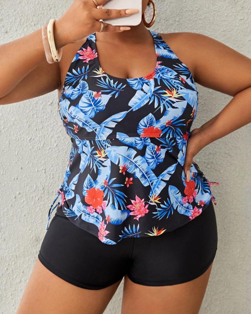 

Plus Size Tropical Print U-Neck Crisscross Tankini Set, Blue