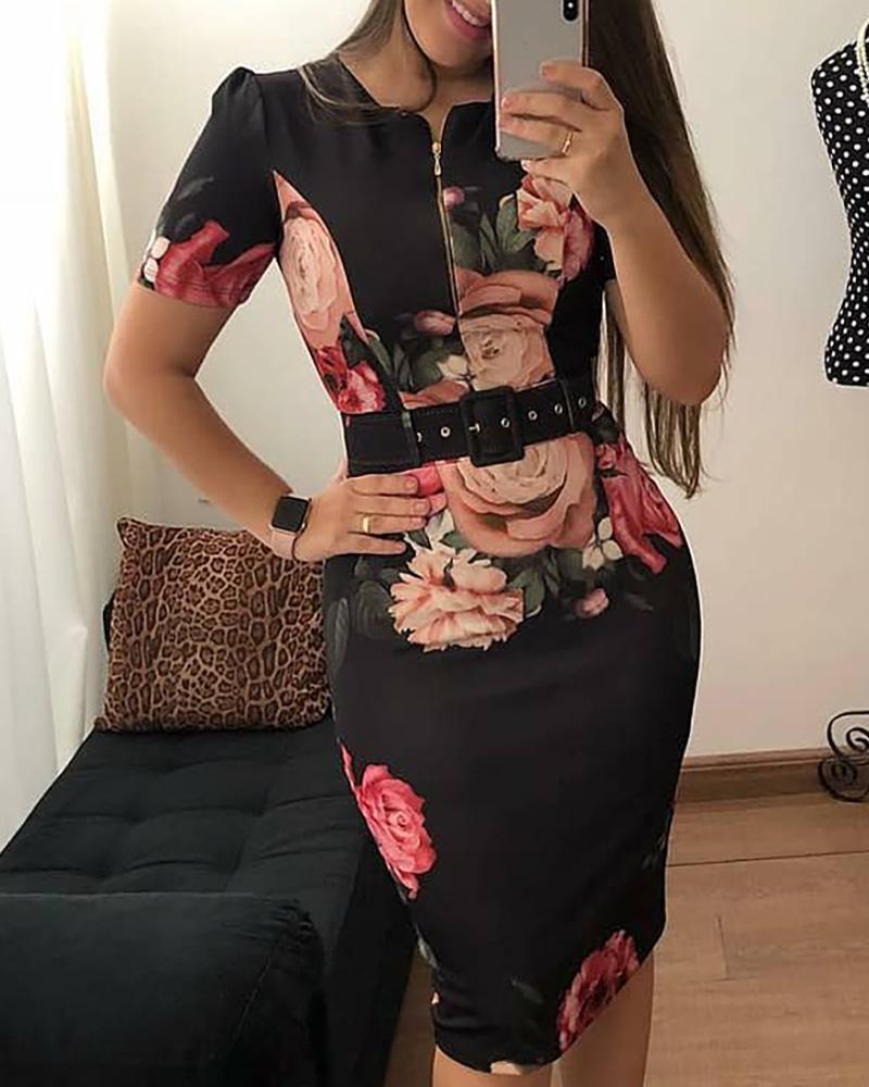 

Floral Print Zipper Design Short Sleeve Dress, Black