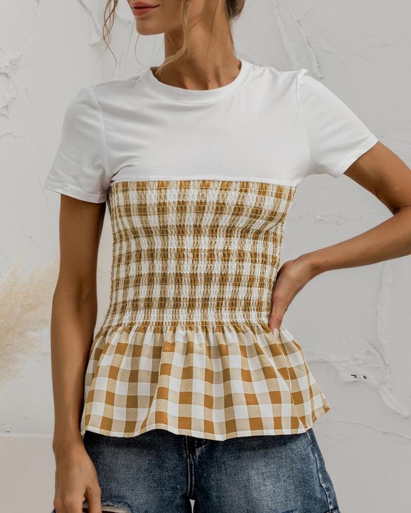 

Plaid Colorblock Shirring Round Neck T-Shirt, Yellow