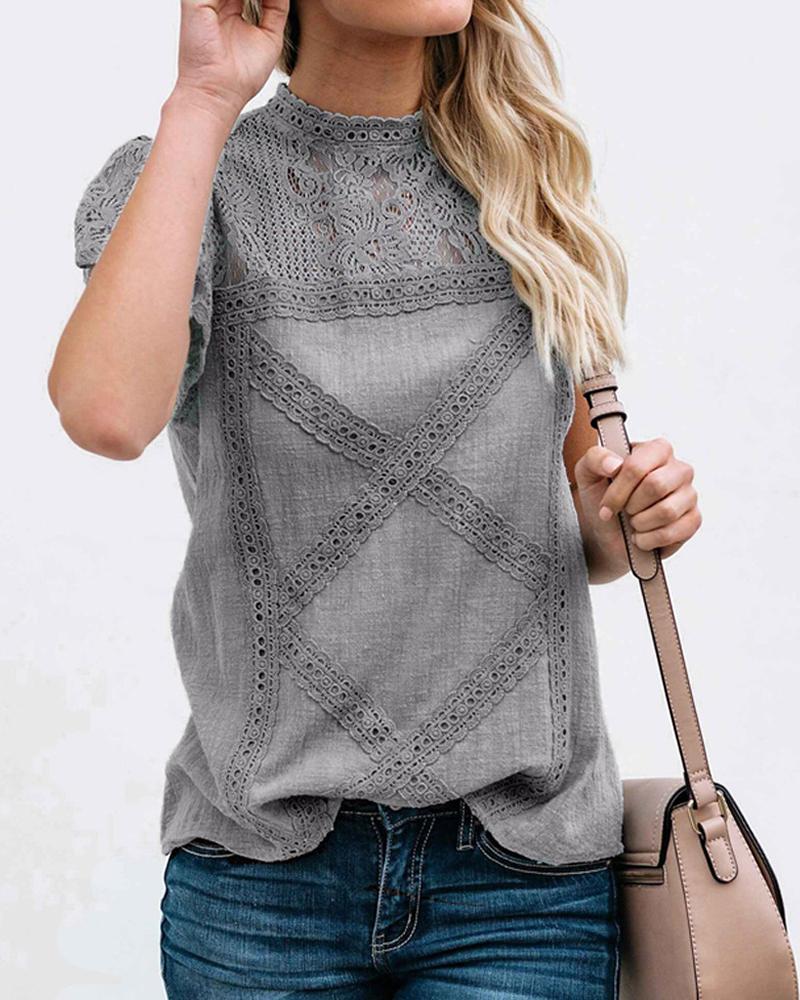 

Lace Hollow Out Short Sleeve T-shirt, Gray