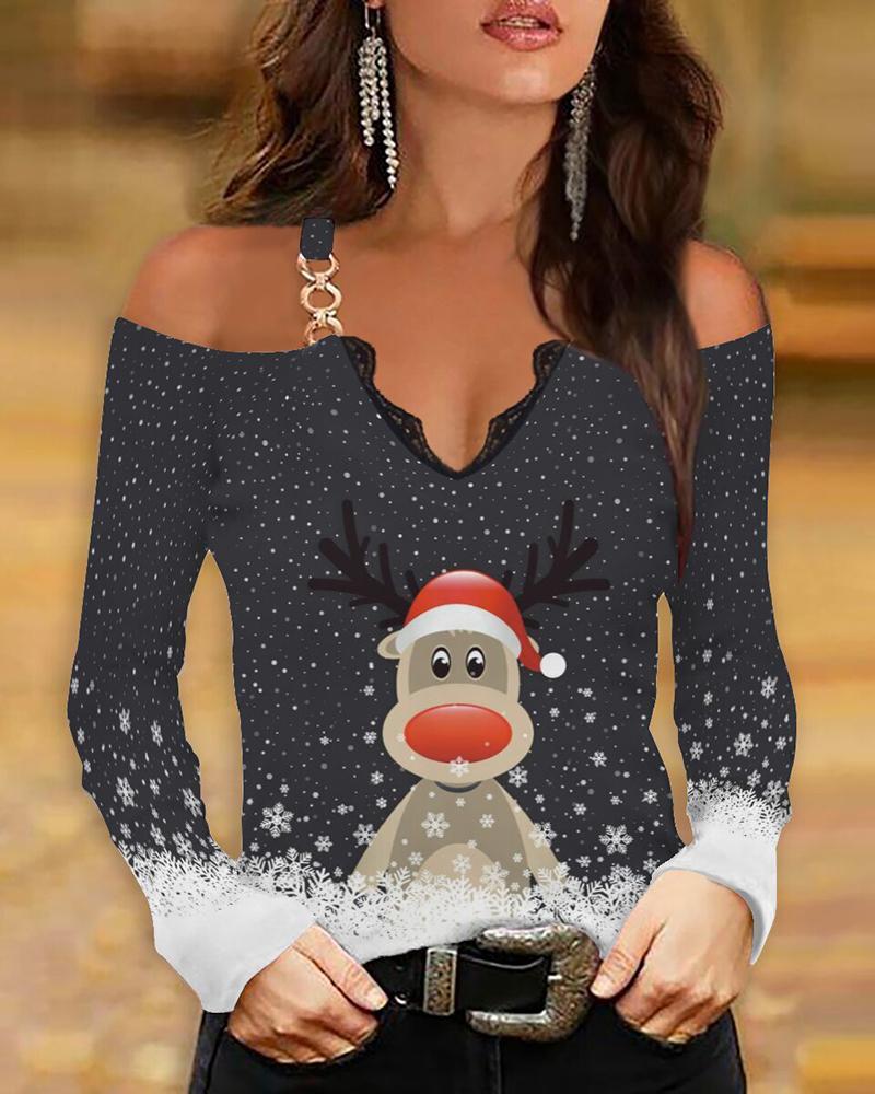 

Christmas Elk Snowflake Print Cold Shoulder Lace Trim Top, Black