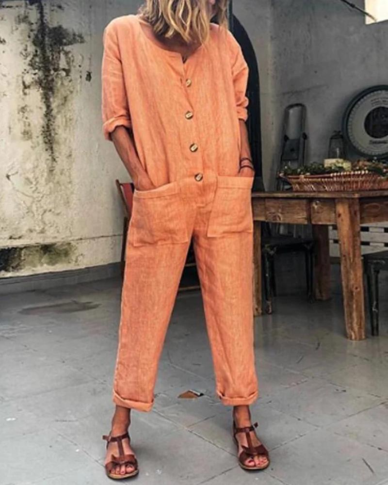 

Pocket Design Buttoned Long Sleeve Jumpsuit, Orange