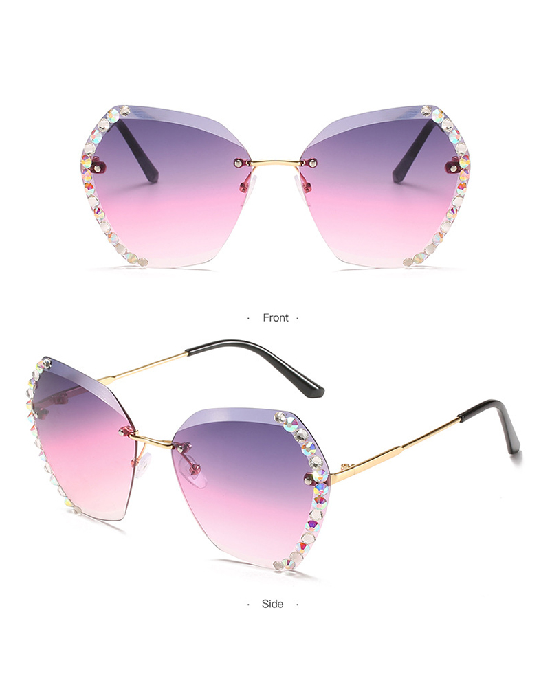 

1Pair Studded Ombre Lens Rimless Sunglasses, Purple