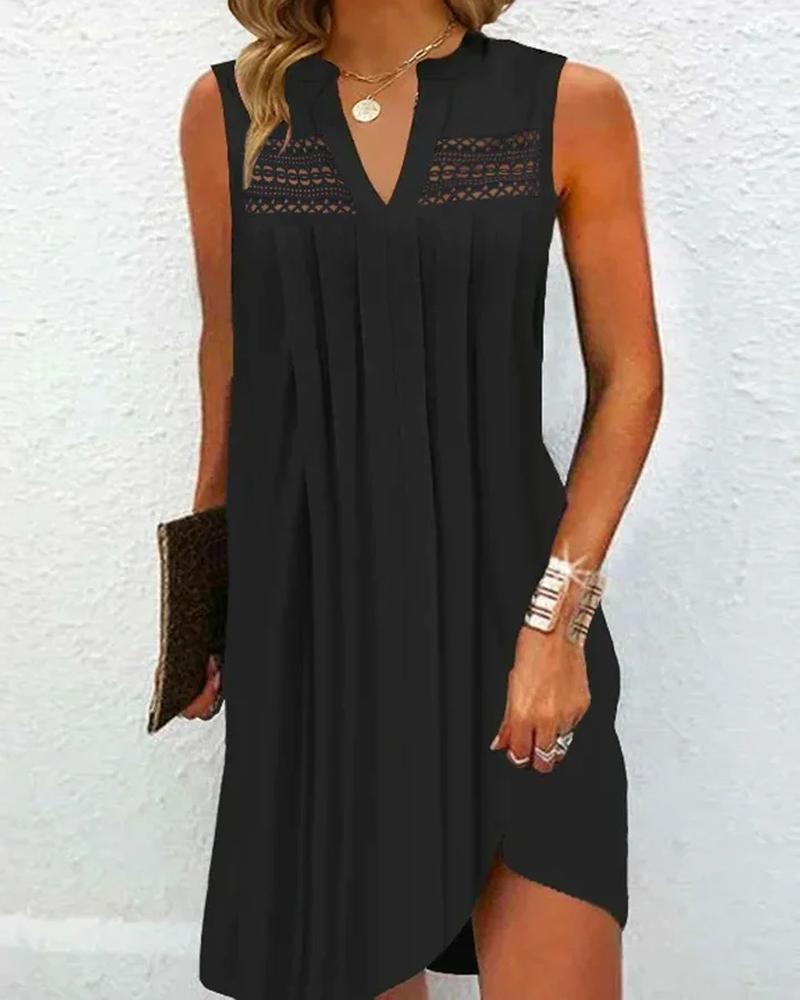 

Lace Patch Notch Neck Ruched Casual Dress, Black