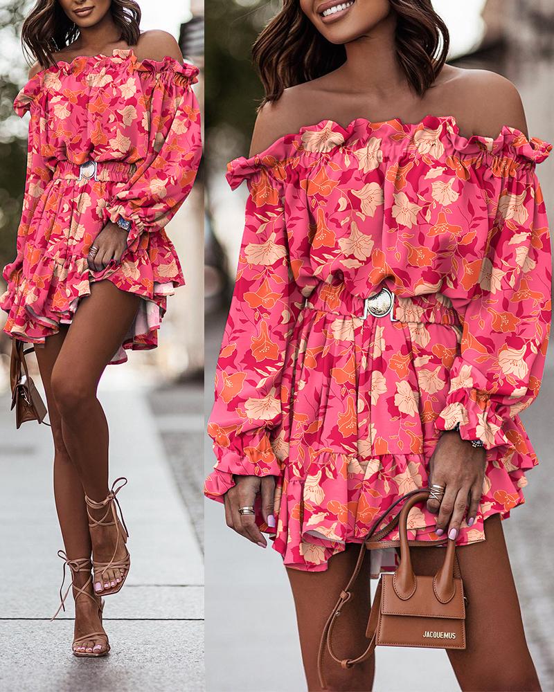 

Off Shoulder Ruffle Hem Floral Print Dress, Pink