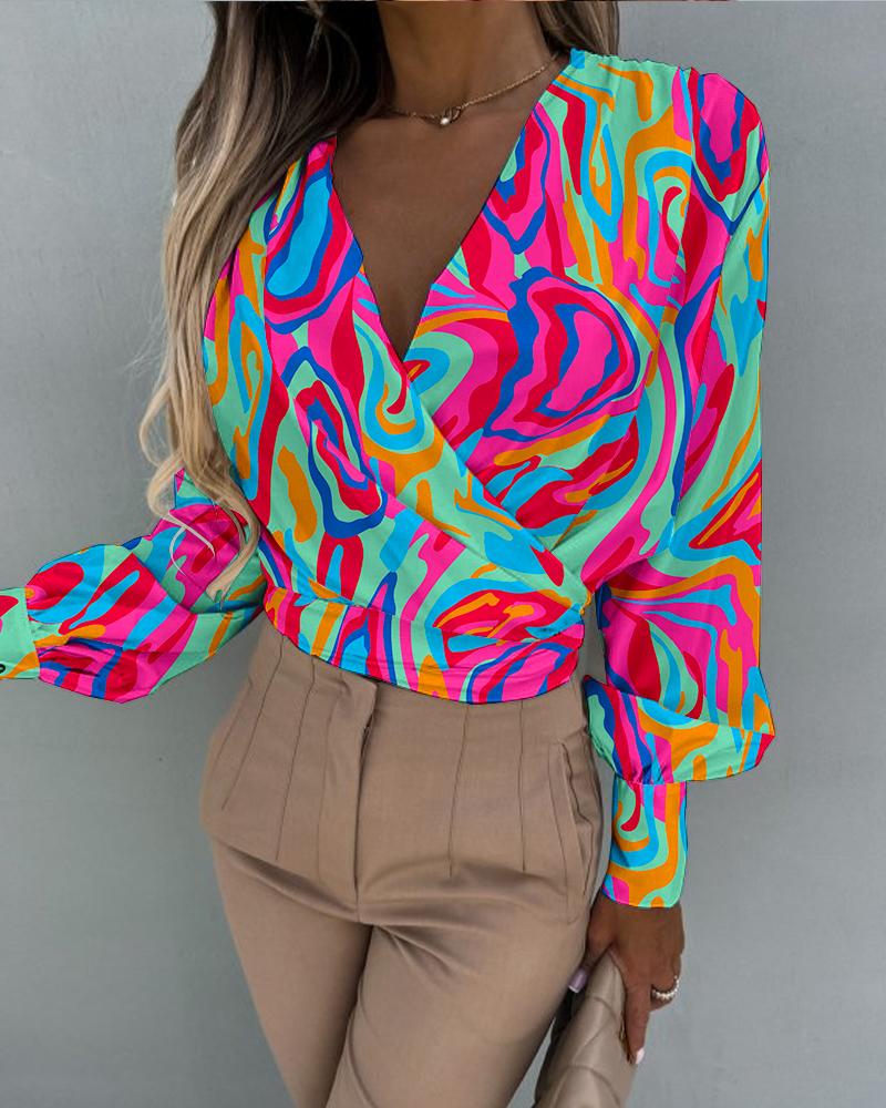 

Abstract Print Lantern Sleeve Ruched Wrap Top, Multicolor