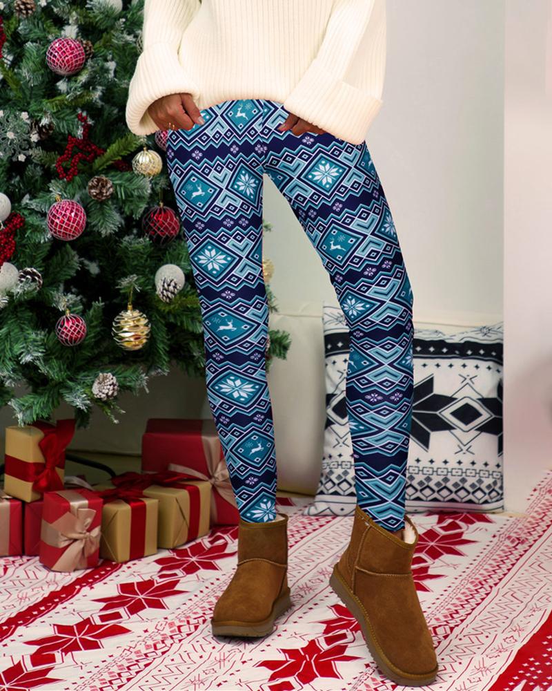 

Christmas High Waist Geometric Graphic Print Skinny Pants, Blue