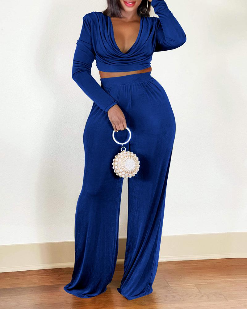 

Velvet Lace-up Cowl Neck Top & Wide Leg Pants Set, Blue