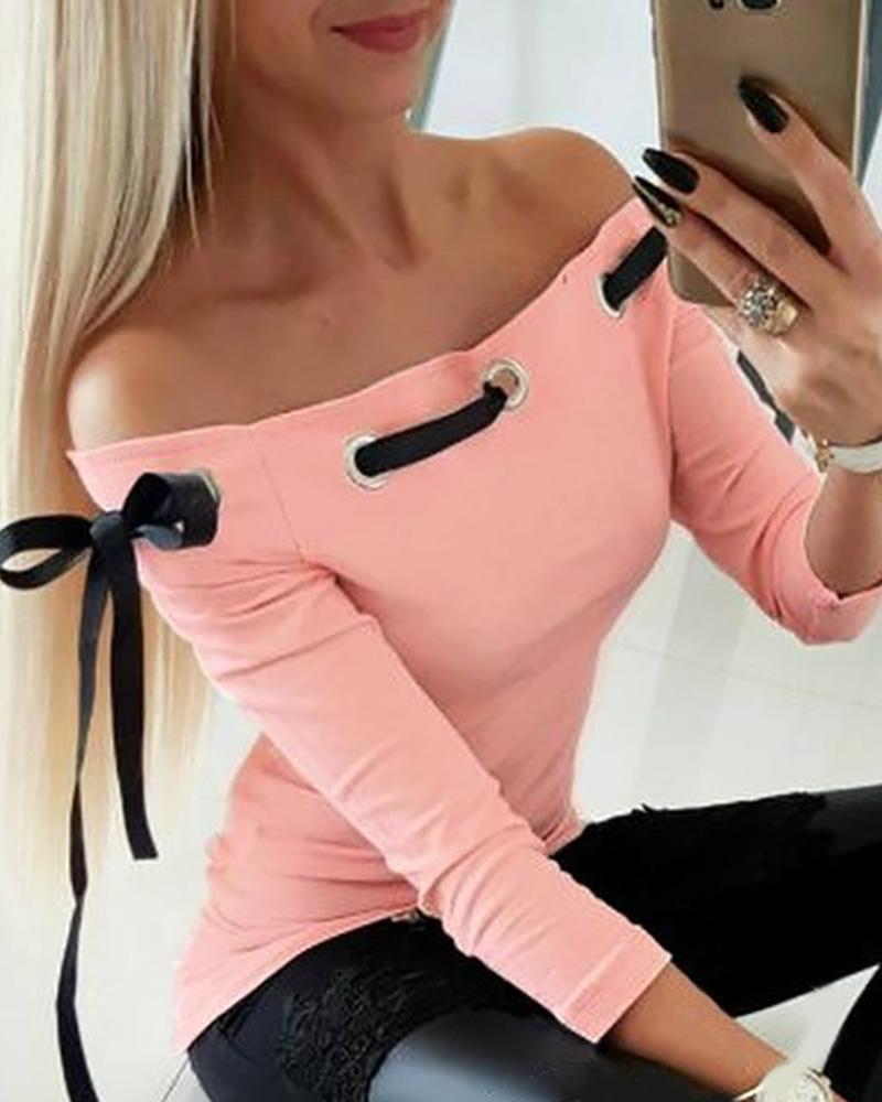 

Off Shoulder Eyelet Tied Ribbon Top, Pink