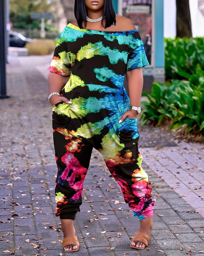 

Tie Dye Print Off Shoulder Pocket Detail Jumpsuit, Multicolor